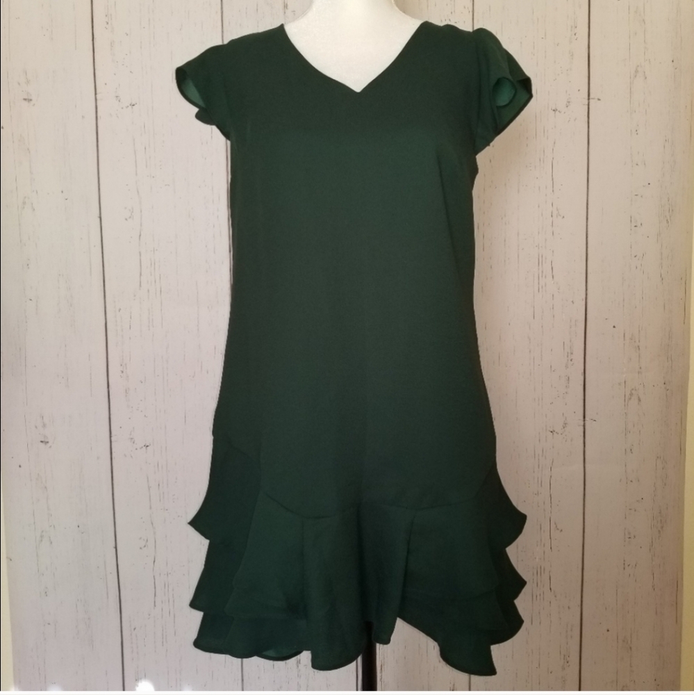 CECE Elegant Forest Green Ruffle Hem Dress Size 2 - Picture 1 of 3
